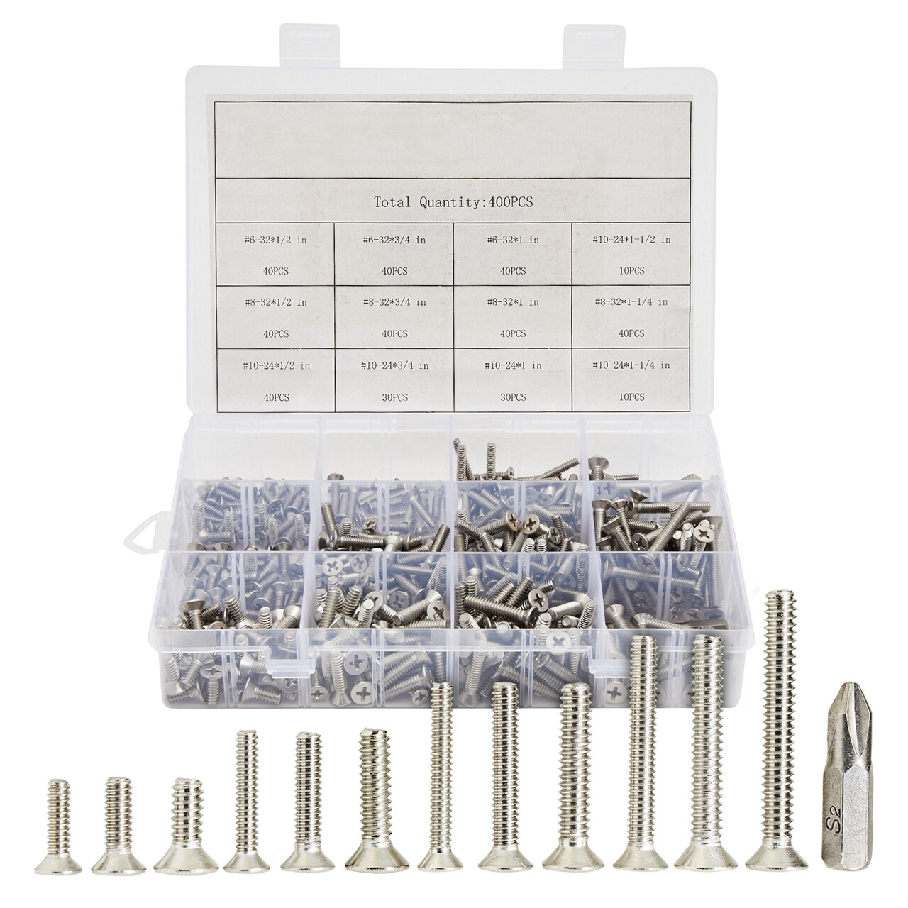 400 Piece Machine Screw Assortment Kit, 304 Stainless Steel Flathead Set with #2 Phillips Driver Bit and Storage Case, #6-32, #8-32, and #10-24 Screws